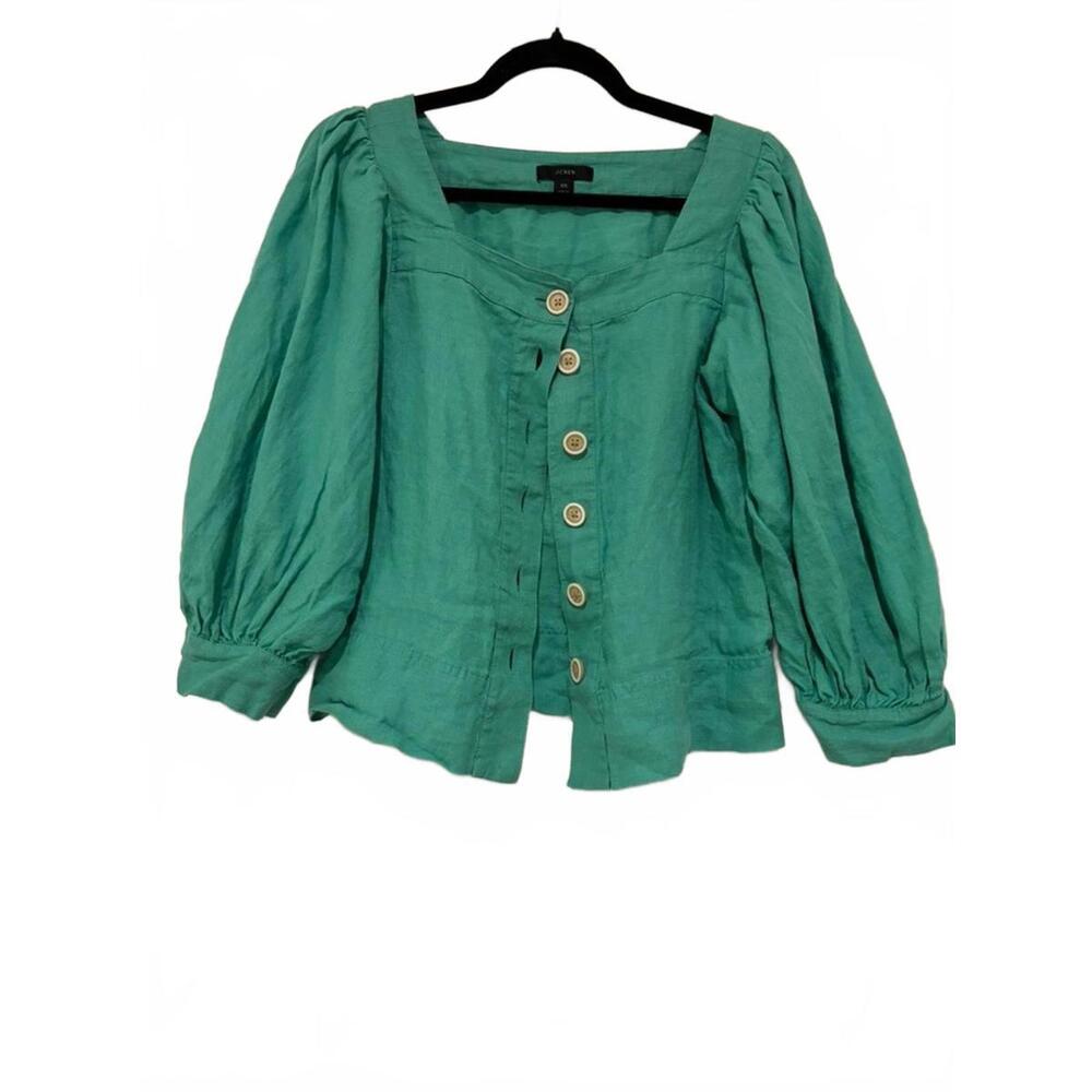 J Crew green linen women's button down jacket puff 3/4 length sleeve sz XS #1632